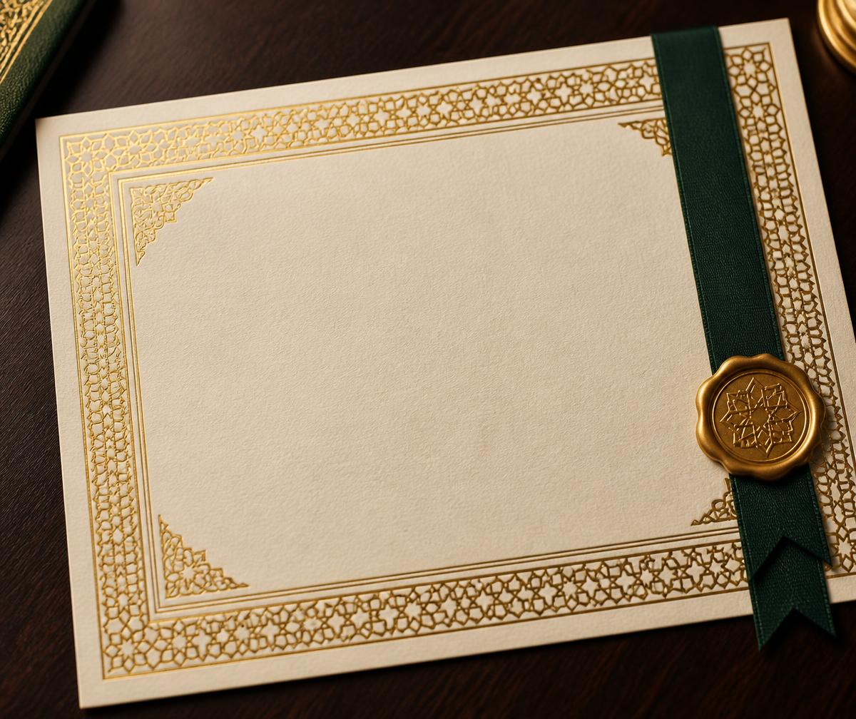 A sealed certificate with an embossed gold geometric border